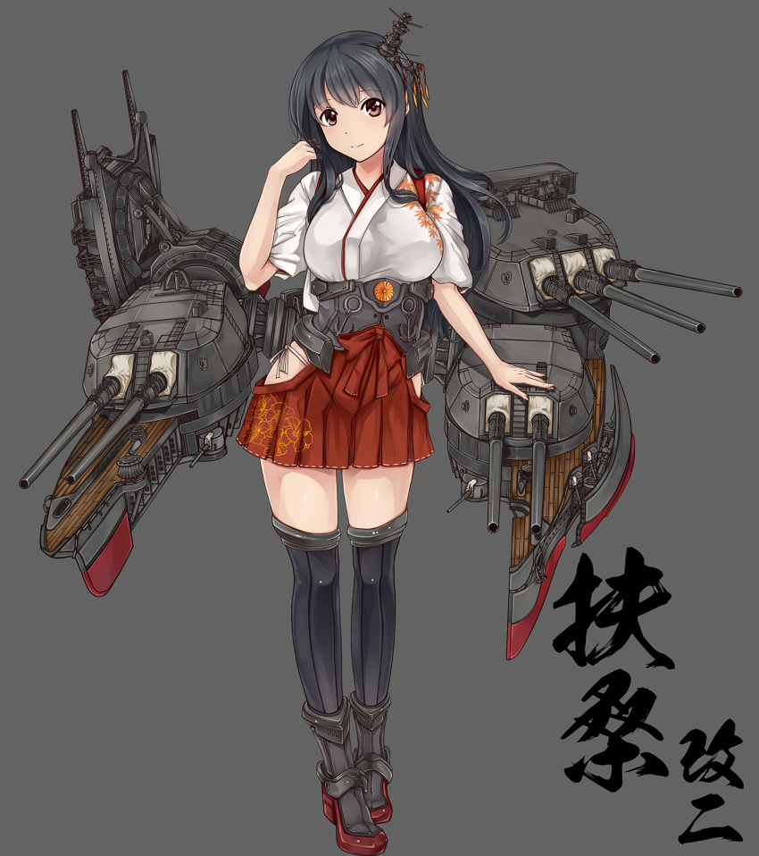 1girl alternate_costume anchor black_hair boots cannon floral_print full_body fusou_(kantai_collection) grey_background hair_ornament hakama hakama_skirt highres hip_vent japanese_clothes kantai_collection long_hair nontraditional_miko panties red_eyes red_hakama rhineheim rigging short_sleeves side-tie_panties sidelocks simple_background smile solo standing tasuki thigh-highs thigh_boots turret underwear white_panties