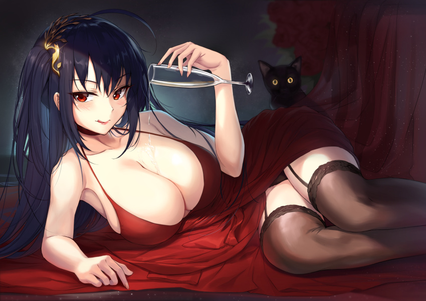 1girl :q ahoge alcohol azur_lane bare_shoulders black_hair black_legwear blush breasts cat champagne champagne_flute cleavage collarbone cup dress drinking_glass garter_straps glass highres large_breasts long_hair looking_at_viewer lying on_side pdxen red_dress red_eyes solo taihou_(azur_lane) thigh-highs tongue tongue_out