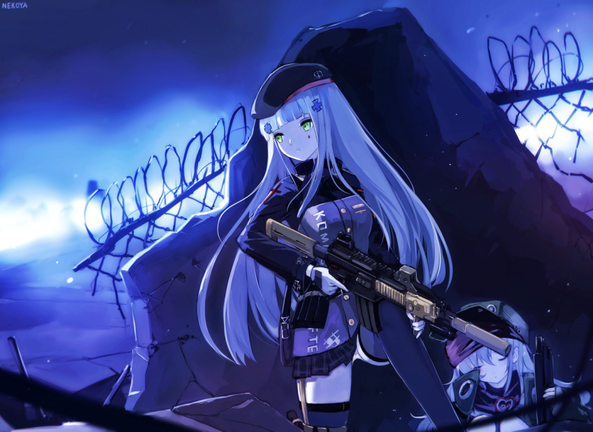 2girls artist_name assault_rifle bangs barbed_wire beret black_hat black_skirt blue_hair blunt_bangs blurry blurry_foreground blush breasts chain-link_fence closed_eyes closed_mouth commentary_request depth_of_field dyolf eyebrows_visible_through_hair facial_mark fence g11 g11_(girls_frontline) girls_frontline green_eyes green_jacket gun hair_ornament hat heckler_&amp;_koch hk416 hk416_(girls_frontline) holding holding_gun holding_weapon jacket long_hair looking_away looking_to_the_side medium_breasts multiple_girls object_namesake open_clothes open_jacket outdoors plaid plaid_skirt pleated_skirt purple_jacket purple_legwear revision rifle signature silver_hair skirt standing thigh-highs very_long_hair weapon