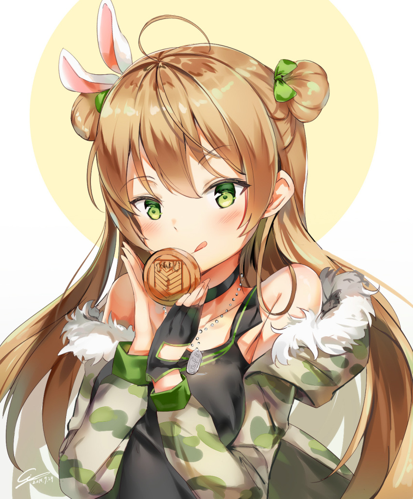 1girl :q ahoge animal_ears bangs bare_shoulders black_dress black_gloves blush bow breasts brown_hair camouflage_coat character_name choker coat collarbone dated dog_tags double_bun dress eyebrows_visible_through_hair fingerless_gloves fur-trimmed_coat fur_trim ginn_(hzh770121) girls_frontline gloves green_eyes hair_between_eyes hair_bow highres holding long_hair looking_at_viewer medium_breasts open_clothes open_coat rabbit_ears rfb_(girls_frontline) sidelocks signature single_fingerless_glove smile solo tongue tongue_out