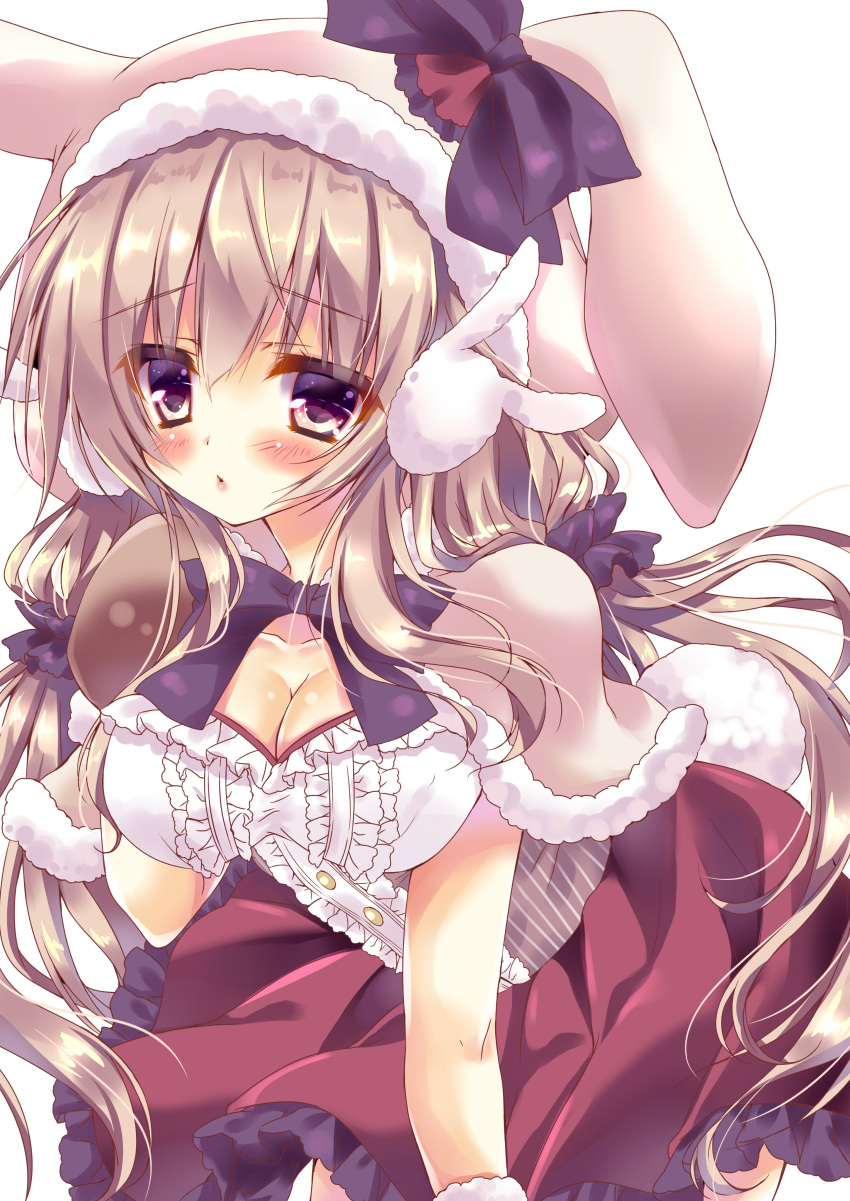 1girl absurdres animal_ears animal_hat arm_up blush bow bowtie breasts bunny_earmuffs bunny_hat bunny_tail capelet center_frills cleavage commentary_request dress earmuffs ears_down eyebrows_visible_through_hair frilled_dress frilled_skirt frills fur-trimmed_capelet fur-trimmed_gloves fur_trim gloves hair_between_eyes hair_ornament hair_scrunchie hat highres honoka_(1399871) leaning_forward light_brown_hair lips long_hair looking_at_viewer medium_breasts original pink_capelet pink_hat purple_bow rabbit_ears red_skirt scrunchie sidelocks skirt solo tail tied_hair very_long_hair violet_eyes wavy_hair