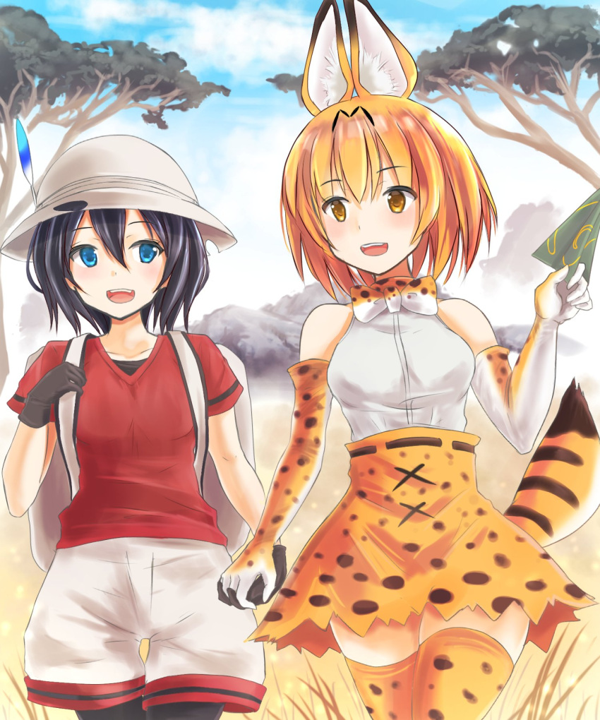 2girls animal_ears backpack bag black_eyes black_gloves black_hair black_legwear bow bowtie cowboy_shot elbow_gloves extra_ears fur_collar gloves hair_between_eyes hand_holding hat_feather helmet high-waist_skirt highres kaban_(kemono_friends) karune kemono_friends multiple_girls pantyhose pith_helmet print_gloves print_neckwear print_skirt red_shirt serval_(kemono_friends) serval_ears serval_print serval_tail shirt short_hair shorts skirt sleeveless sleeveless_shirt striped_tail tail wavy_hair white_shorts