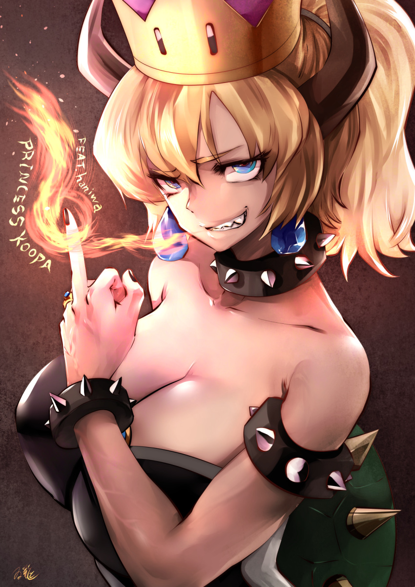 1girl bare_shoulders blonde_hair blue_eyes bowser bowsette bracelet breasts character_name choker collar collarbone commentary_request crown earrings eyebrows_visible_through_hair fire genderswap genderswap_(mtf) grin hair_between_eyes highres horns jewelry large_breasts looking_at_viewer super_mario_bros. middle_finger nail_polish new_super_mario_bros._u_deluxe nintendo ponytail sharp_teeth short_hair smile solo souryu studded_bracelet studded_collar teeth upper_body veins