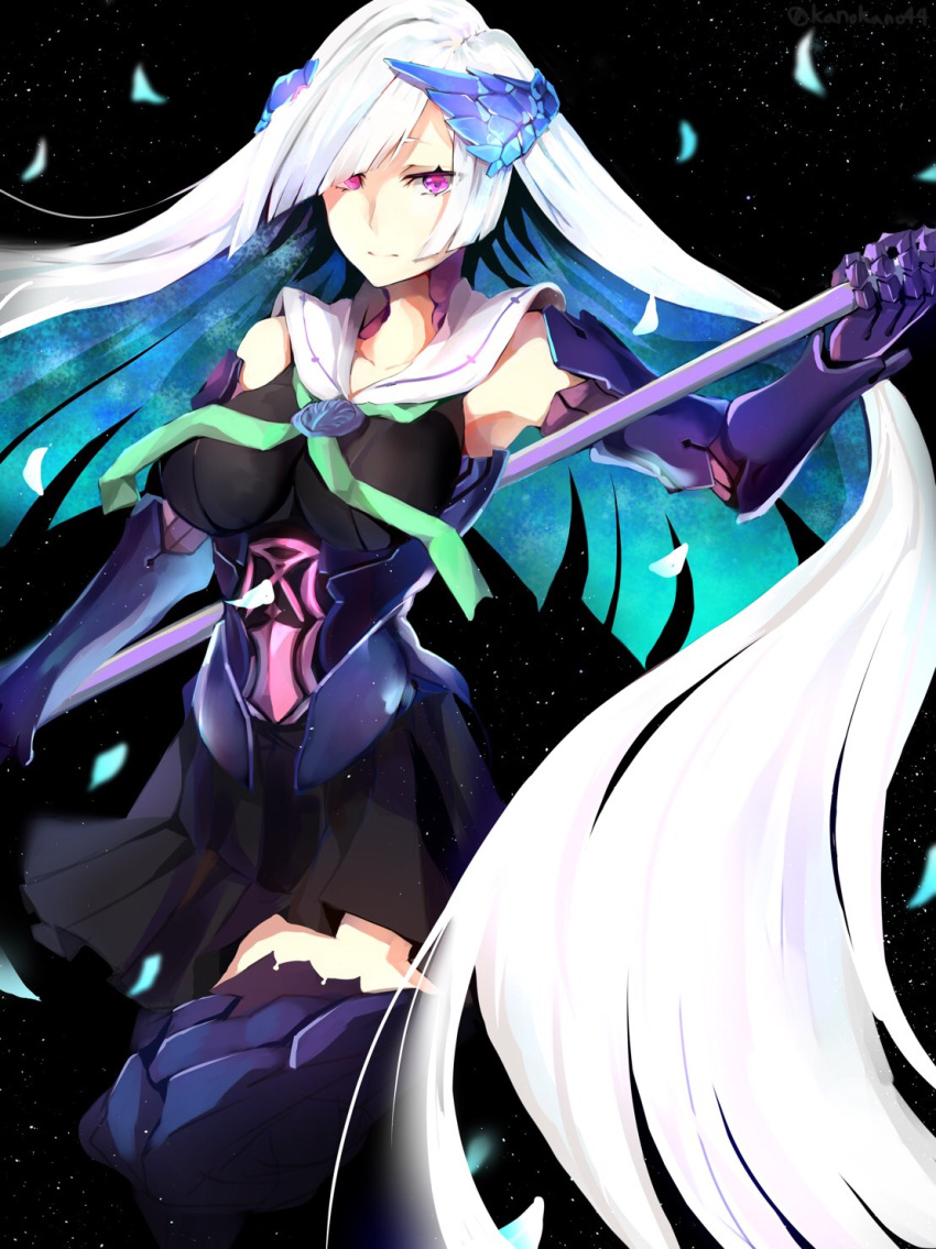 1girl armor armored_dress black_skirt blue_hair breasts brynhildr_(fate) fate/grand_order fate_(series) gauntlets highres kano_(kanokano44) long_hair looking_at_viewer medium_breasts petals polearm sailor_collar silver_hair skirt solo space thigh-highs very_long_hair violet_eyes weapon wing_hair_ornament