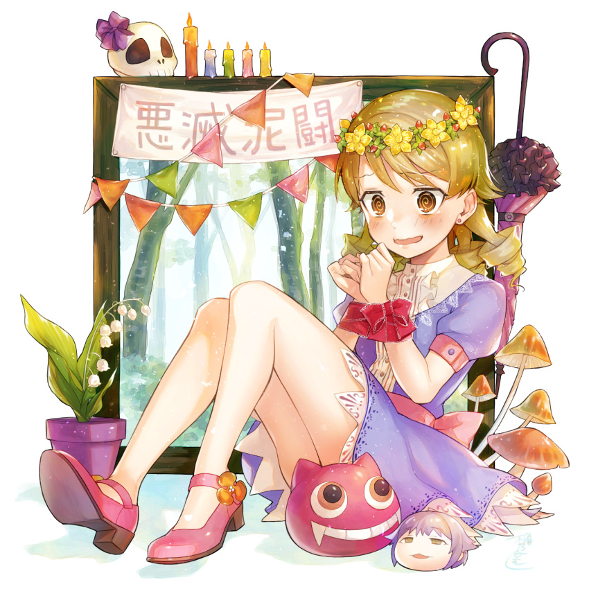 1girl @_@ bare_legs blue_dress blush bound bound_wrists bow brown_eyes candle character_doll commentary_request dress drill_hair earrings eyebrows_visible_through_hair flower forest full_body head_wreath highres idolmaster idolmaster_cinderella_girls jewelry koshimizu_sachiko light_brown_hair mary_janes morikubo_nono mushroom nature okeno_kamoku open_mouth picture_frame plant potted_plant puffy_short_sleeves puffy_sleeves red_ribbon ribbon ringlets shoes short_sleeves simple_background sitting skull solo string_of_flags stud_earrings stuffed_toy translation_request tree umbrella wavy_mouth white_background