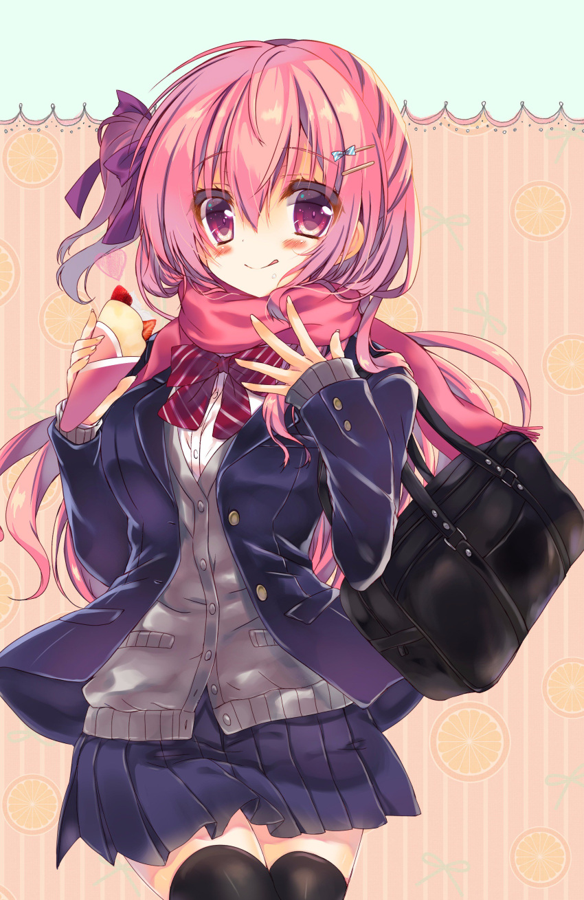 1girl absurdres bag bangs black_bag black_legwear blush bow bowtie breasts brown_cardigan cardigan closed_mouth commentary_request crepe fingernails food hair_between_eyes hair_bow hair_ornament hairclip hands_up highres holding holding_food honoka_(1399871) jacket long_hair long_sleeves looking_at_viewer one_eye_closed one_side_up original pink_hair pleated_skirt purple_bow purple_jacket purple_skirt red_bow red_neckwear school_uniform shirt shoulder_bag skirt sleeves_past_wrists smile solo standing striped striped_bow thigh-highs tongue tongue_out very_long_hair violet_eyes wavy_hair white_shirt zettai_ryouiki