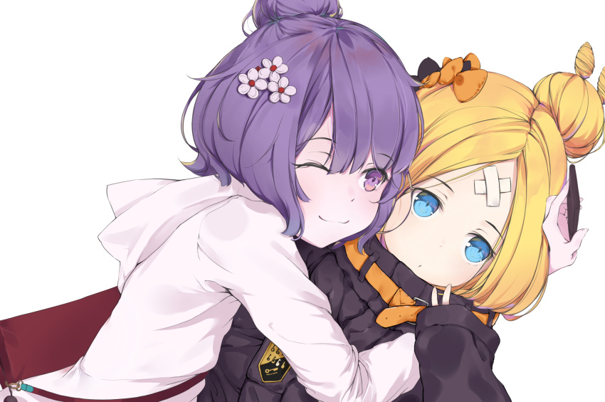 2girls ;) abigail_williams_(fate/grand_order) absurdres bag bangs black_bow black_jacket blonde_hair blue_eyes blush bow cellphone closed_mouth commentary_request crossed_bandaids eyebrows_visible_through_hair fate/grand_order fate_(series) fei_mao fingernails flower hair_between_eyes hair_bow hair_bun hair_flower hair_ornament heroic_spirit_traveling_outfit highres holding holding_cellphone holding_phone hood hood_down hoodie hug jacket katsushika_hokusai_(fate/grand_order) key long_hair long_sleeves multiple_girls object_hug one_eye_closed orange_bow parted_bangs phone purple_hair shoulder_bag simple_background sleeves_past_fingers sleeves_past_wrists smile stuffed_animal stuffed_toy teddy_bear v violet_eyes white_background white_flower white_hoodie