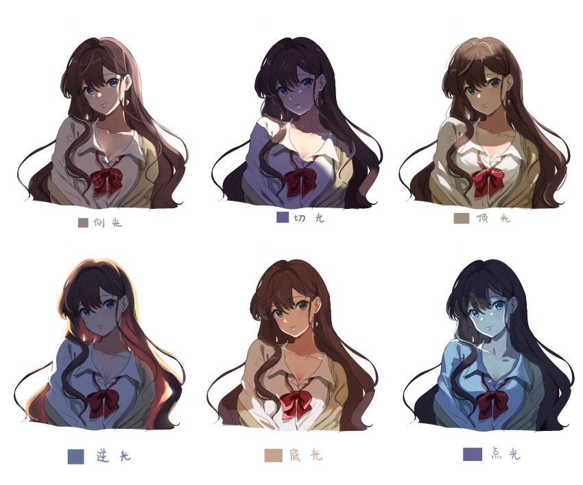1girl absurdres blue_eyes bow bowtie breasts brown_hair chinese cleavage collarbone dress_shirt earrings head_tilt highres ichinose_shiki idolmaster idolmaster_cinderella_girls jewelry long_hair looking_at_viewer loose_bowtie medium_breasts multiple_views shirt sketch sweater tomato_omurice_melon translation_request wavy_hair white_background