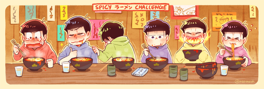 &gt;_&lt; 6+boys :3 :t ^_^ ahoge bangs black_hair blush border bowl bowl_stack breathing_fire brothers chewing chopsticks clenched_hand closed_eyes closed_eyes closed_mouth clothes_grab commentary cup drinking_glass eating egg fire flying_sweatdrops food food_in_mouth food_on_face furrowed_eyebrows hand_on_another's_shoulder hijirisawa_shonosuke hood hood_down hoodie hot indoors long_sleeves male_focus matsuno_choromatsu matsuno_ichimatsu matsuno_juushimatsu matsuno_karamatsu matsuno_osomatsu matsuno_todomatsu meoon motion_lines mouth_hold multiple_boys noodles note open_mouth osomatsu-kun osomatsu-san outline photo_(object) ramen rounded_corners runny_nose sextuplets siblings sleeves_past_wrists sparkle spicy spill steam table tears thumbs_up tissue trembling twitter_username upper_body water wooden_table wooden_wall yellow_border yunomi