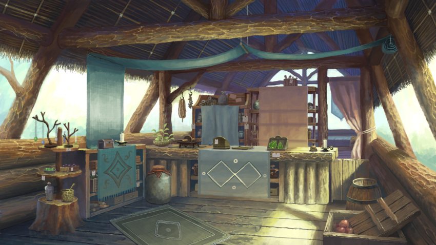 apple barrel candle cash_register crate fantasy food fruit highres jar jewelry leaf naohiro necklace no_humans original pendant plant rug sack scenery scroll shelf shop thatched_roof wooden_floor