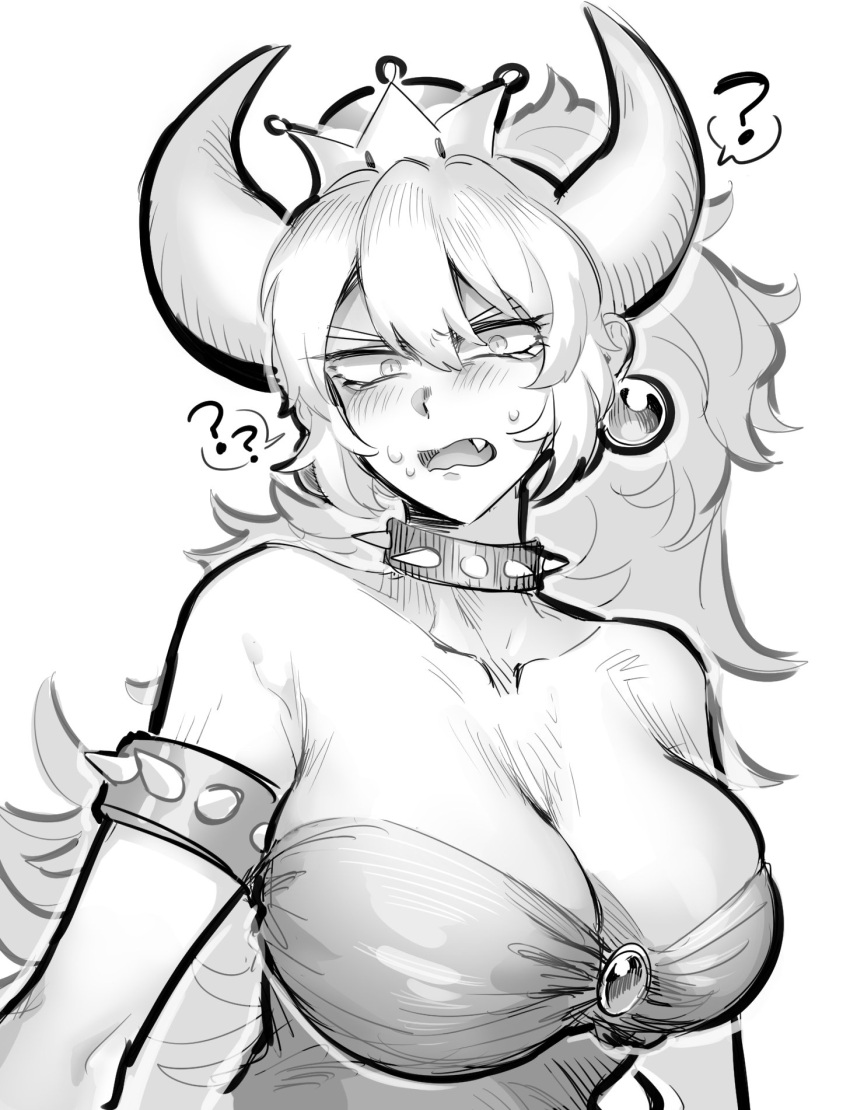 1girl bare_shoulders bowser bowsette bracelet breasts collar crown dress genderswap genderswap_(mtf) gudobe7 highres horns jewelry large_breasts super_mario_bros. monochrome new_super_mario_bros._u_deluxe nintendo ponytail spiked_bracelet spiked_collar spikes super_crown super_mario_bros.