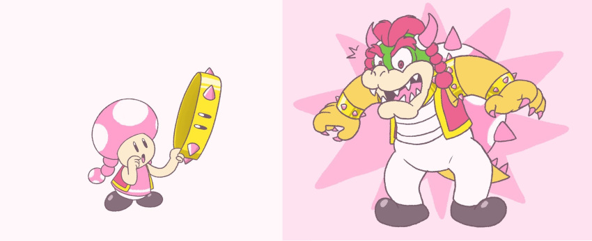 1boy 1girl :o armlet artist_request black_footwear bowser bracelet drawfag genderswap genderswap_(ftm) highres horns jewelry super_mario_bros. nail_polish new_super_mario_bros._u_deluxe nintendo pants pink_background pink_hair pink_nails pun short_twintails spiked_armlet spiked_bracelet spikes standing tail thick_eyebrows toadette transformation twintails white_pants