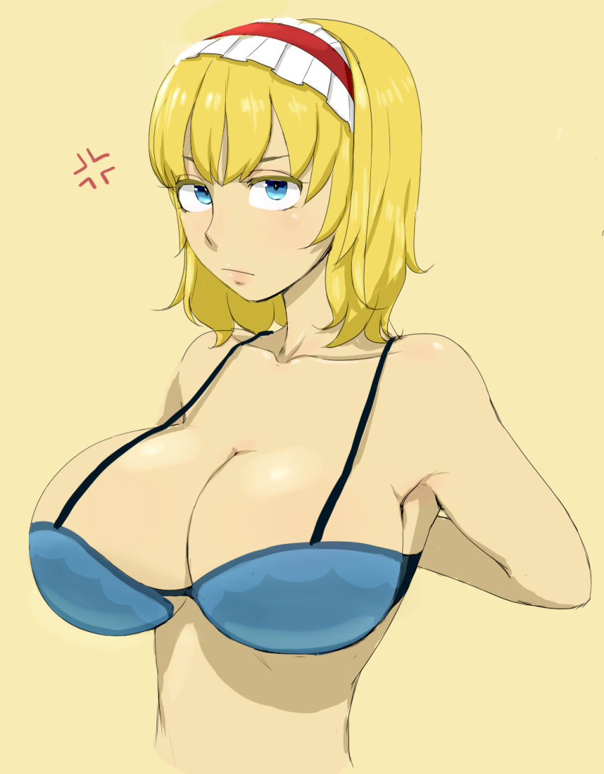 1girl alice_margatroid armpits arms_behind_back blonde_hair blue_bra blue_eyes bra breasts brown_background cleavage collarbone commentary_request daa_(blame2212) frown hairband highres large_breasts lips lolita_hairband looking_at_viewer simple_background strap_gap touhou under_boob underwear underwear_only upper_body