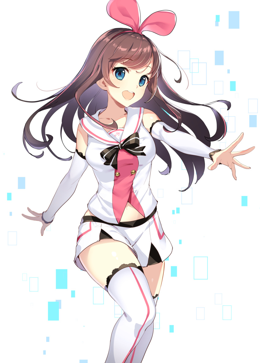 1girl :d a.i._channel bangs bare_shoulders black_bow blue_eyes bow breasts brown_hair collarbone commentary_request detached_sleeves eyebrows_visible_through_hair feet_out_of_frame hair_ribbon head_tilt highres ikomochi kizuna_ai long_hair long_sleeves looking_at_viewer medium_breasts multicolored_hair navel open_mouth outstretched_arm pink_hair pink_lips pink_ribbon ribbon round_teeth sailor_collar shiny shiny_hair shirt shorts single_vertical_stripe smile solo streaked_hair swept_bangs teeth thigh-highs thighs upper_teeth white_background white_legwear white_sailor_collar white_shirt white_shorts