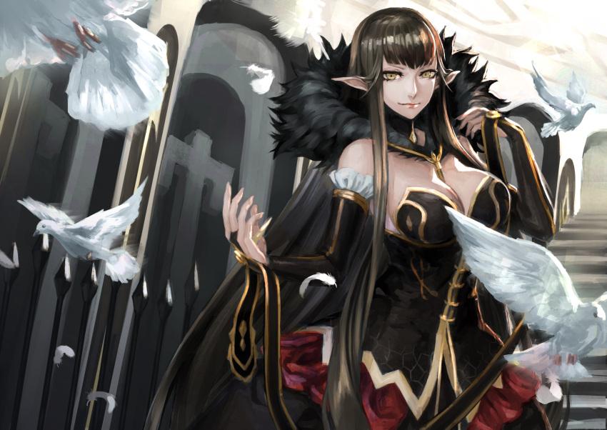 1girl absurdly_long_hair bare_shoulders bird black_dress black_hair breasts bridal_gauntlets cleavage closed_mouth commentary_request detached_sleeves dove dress fate/apocrypha fate/grand_order fate_(series) fur_trim highres large_breasts long_dress long_hair looking_at_viewer peperon_(peperou) pointy_ears semiramis_(fate) slit_pupils smile spikes stairs standing very_long_hair yellow_eyes