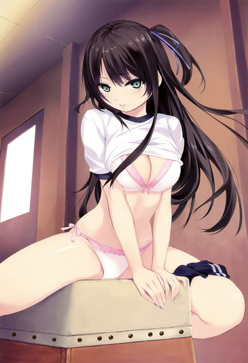 1girl absurdres black_hair blue_eyes bra breasts buruma buruma_around_one_leg cleavage coffee-kizoku gym_uniform hair_ribbon highres indoors large_breasts long_hair melonbooks one_side_up panties parted_lips ribbon scan shirt_lift side-tie_panties sidelocks solo underwear vaulting_horse white_bra white_panties