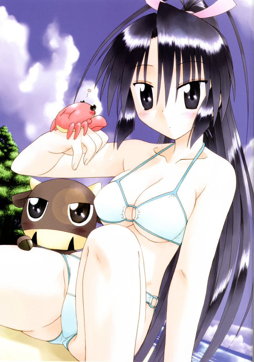 1girl absurdres animal antenna_hair arm_up bangs bare_arms bare_legs bare_shoulders beach beef_jerky_(nagasarete_airantou) bikini black_eyes black_hair blue_sky blush breasts cleavage closed_mouth clouds cloudy_sky collarbone cow crab day eyebrows_visible_through_hair fujishiro_takeshi gluteal_fold hair_tie highres knee_up long_hair medium_breasts nagasarete_airantou o-ring o-ring_bikini o-ring_bottom o-ring_top ocean official_art outdoors ponytail sand scan shinobu_(nagasarete_airantou) sitting sky swimsuit thighs tree white_bikini