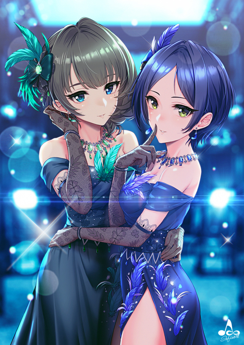 2girls artist_logo bangs bare_shoulders black_hair blue_dress blue_eyes blush body_blush bow bracelet breasts brown_hair collarbone dress earrings elbow_gloves emerald eyelashes feathers gloves green_bow green_dress green_eyes hair_bow hair_feathers hair_ornament hand_in_hair hand_on_another's_hip hayami_kanade heterochromia highres idolmaster idolmaster_cinderella_girls idolmaster_cinderella_girls_starlight_stage index_finger_raised infinote jewelry looking_at_viewer medium_breasts mole mole_under_eye multiple_girls mysterious_eyes_(idolmaster) necklace open_mouth parted_bangs parted_lips pearl_bracelet pretty_liar_(idolmaster) purple_background sapphire_(stone) short_hair side_slit simple_background smile sparkle swept_bangs takagaki_kaede tied_hair yellow_eyes