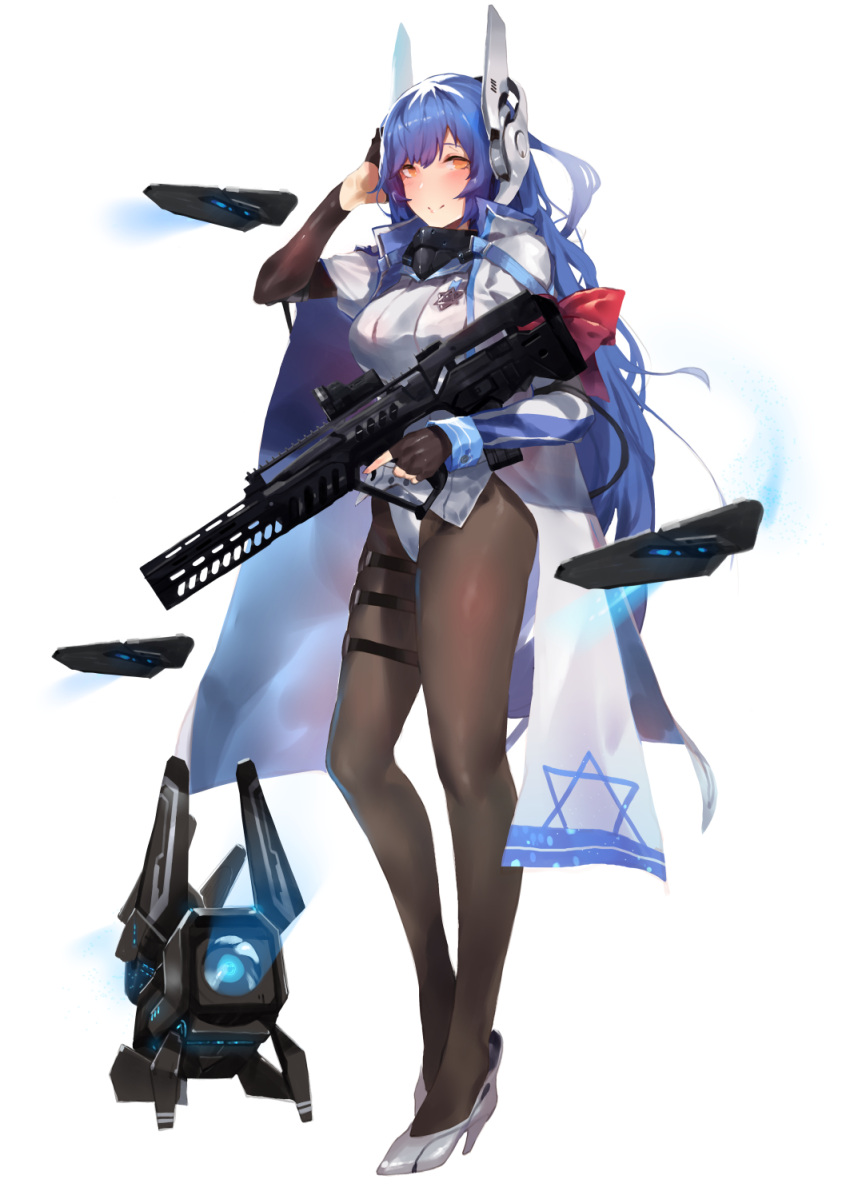1girl assault_rifle bangs bare_shoulders black_legwear blue_hair blush bow breasts bullpup cloak closed_mouth commentary detached_sleeve dinergate_(girls_frontline) eyebrows_visible_through_hair fingerless_gloves floating_headgear full_body girls_frontline gloves gun hair_between_eyes hand_on_own_head headgear high_heels highres holding holding_gun holding_weapon imi_tavor_tar-21 large_breasts leotard long_hair looking_at_viewer mod3_(girls_frontline) pantyhose rifle sidelocks simple_background smile solo standing tar-21_(girls_frontline) thigh_strap trigger_discipline very_long_hair weapon weibo_username white_background white_footwear white_leotard yellow_eyes yueqin_(monnpiano)