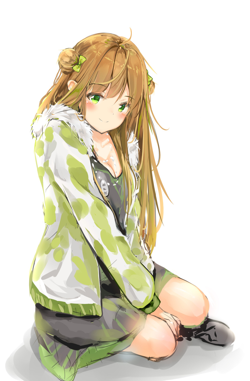 1girl absurdres ahoge bangs blush bow breasts brown_hair camouflage_jacket character_name cleavage closed_mouth commentary double_bun dress eyebrows_visible_through_hair full_body fur-trimmed_jacket fur_trim girls_frontline green_bow green_dress green_eyes green_hair hair_between_eyes hair_bow head_tilt highres jacket long_hair multicolored_hair open_clothes open_jacket rfb_(girls_frontline) sashima side_bun sitting sketch small_breasts smile solo streaked_hair very_long_hair white_background
