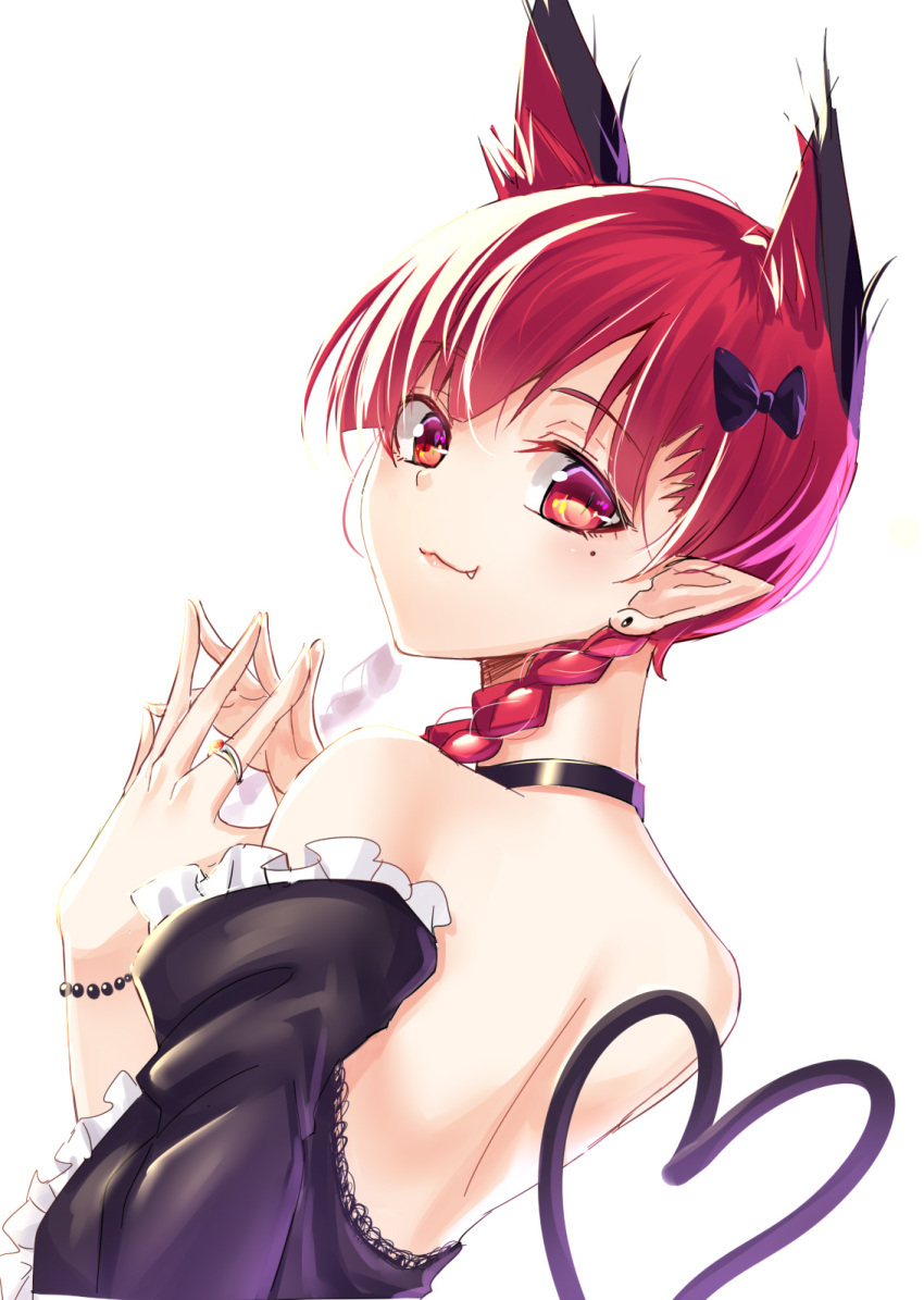 1girl :3 alternate_costume animal_ears bangs bare_back bare_shoulders bead_bracelet beads black_choker black_dress blush bracelet braid cat_ears choker commentary_request dress ear_piercing eyebrows_visible_through_hair fang_out frills from_behind hands_up heart heart_of_string highres jewelry kaenbyou_rin koissa lips long_hair long_sleeves looking_at_viewer looking_back mole mole_under_eye off-shoulder_dress off_shoulder own_hands_together piercing pointy_ears red_eyes redhead ring simple_background smile solo steepled_fingers touhou twin_braids upper_body white_background wide_sleeves