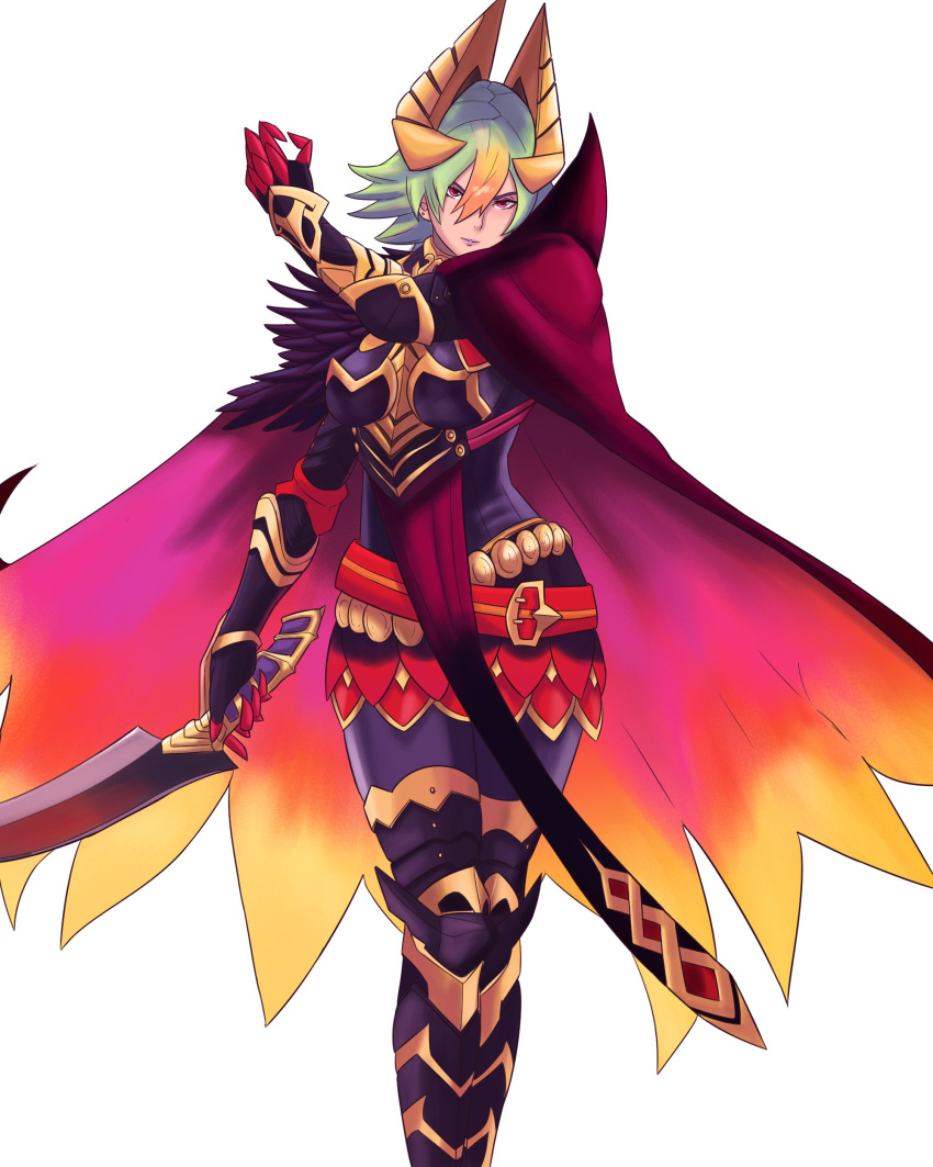 1girl absurdres belt boots breastplate breasts cape crown dark_skin earrings fire_emblem fire_emblem_heroes gradient_hair green_hair highres hips holding holding_sword holding_weapon jewelry laegjarn_(fire_emblem_heroes) leggings lips lipstick looking_at_viewer makeup multicolored_hair nintendo orange_hair purple_lipstick red_cape red_eyes simple_background solo stud_earrings sword thigh-highs thigh_boots thighs truejekart vambraces weapon white_background