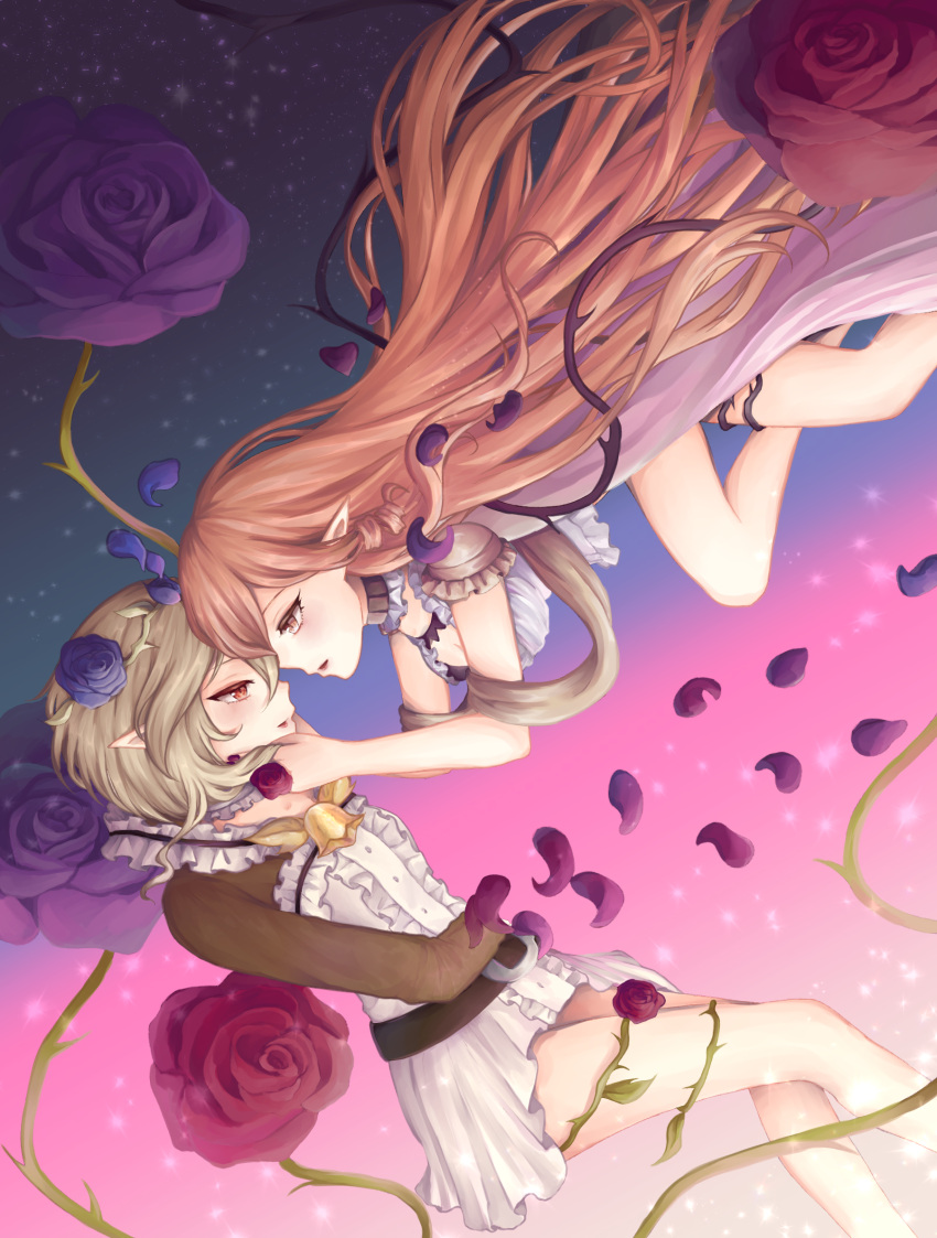 2girls arm bare_arms bare_legs blush breasts brown_eyes brown_hair center_frills commentary couple cranberry_(mahoiku) dress english_commentary eye_contact female floating_hair flower flying from_side grey_hair hands_on_another's_cheeks hands_on_another's_face highres imminent_kiss legs long_hair long_sleeves looking_at_another mahou_shoujo_ikusei_keikaku mahou_shoujo_ikusei_keikaku_restart medium_breasts melville multiple_girls nail_polish open_mouth petals pointy_ears profile purple_flower purple_nails purple_rose quinuu red_eyes red_flower red_rose rose short_hair small_breasts smile thorns very_long_hair yuri