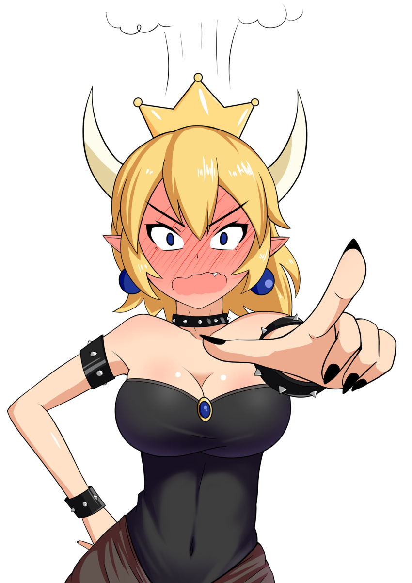 1girl angry blonde_hair blue_eyes blush bowser bowsette breasts cleavage covered_navel crown dress ear_blush earrings embarrassed fang glaring hand_on_hip highres jewelry large_breasts looking_at_viewer nail_polish new_super_mario_bros._u_deluxe pointing pointy_ears ponytail simple_background solo spiked strapless strapless_dress super_mario the_only_shoe wavy_mouth white_background wide-eyed