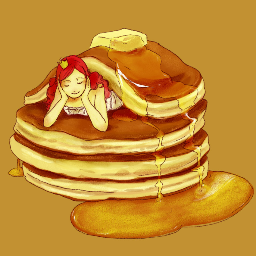 1girl brown_background butter closed_eyes crown food head_rest in_food long_hair original pancake redhead simple_background smile solo stack_of_pancakes syrup ukako