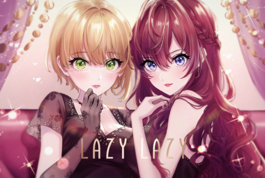 2girls black_dress blonde_hair blue_eyes braid breasts brown_hair cleavage commentary_request couch crazy_crazy_(idolmaster) curtains dress earrings elbow_gloves eyelashes fishnet_gloves fishnets gloves green_eyes highres ichinose_shiki idolmaster idolmaster_cinderella_girls jewelry large_breasts lazy_lazy_(idolmaster) lipstick long_hair magako makeup miyamoto_frederica multiple_girls short_hair upper_body