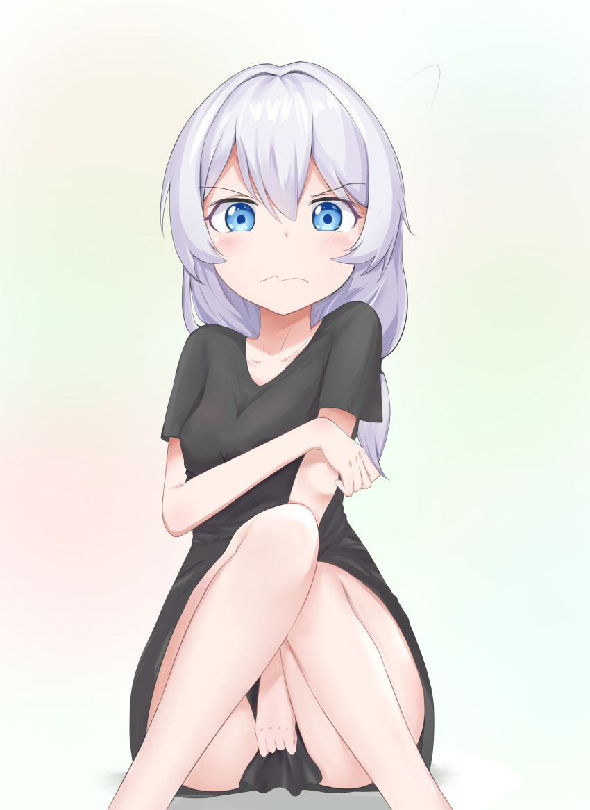 1girl absurdres bangs bare_legs benghuai_xueyuan black_dress blue_eyes blush commentary_request covering covering_crotch dress hair_between_eyes highres honkai_impact long_hair looking_at_viewer lrichle short_dress silver_hair solo theresa_apocalypse wavy_mouth white_background