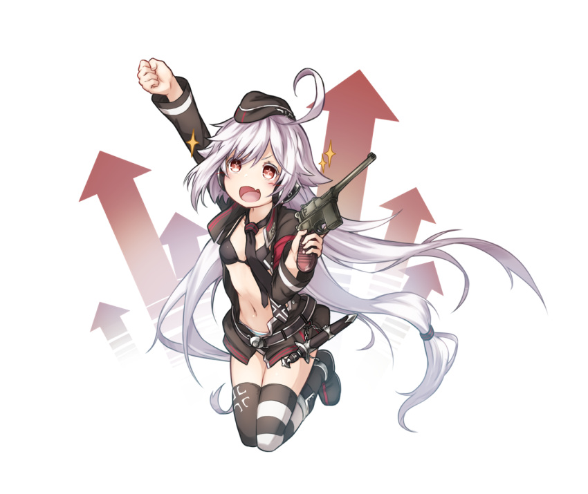 1girl :d ahoge arm_up bikini_top black_bikini_top black_footwear black_hat black_jacket black_legwear black_neckwear boots c96_(girls_frontline) directional_arrow fang garrison_cap girls_frontline gun handgun hat holding holding_gun holding_weapon iron_cross jacket kazana_(sakuto) long_hair long_sleeves mauser_c96 mini_hat mismatched_legwear navel necktie object_namesake open_clothes open_jacket open_mouth outstretched_arm panties pistol red_eyes silver_hair simple_background smile solo sparkle striped striped_legwear striped_panties thigh-highs underwear very_long_hair weapon white_background