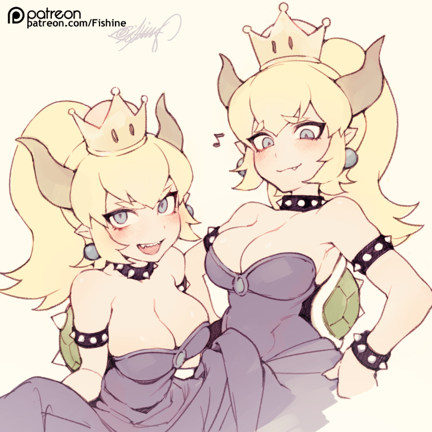 2girls arm_garter bare_shoulders black_dress blonde_hair blue_eyes bowser bowsette bracelet breasts cleavage collar commentary_request crown dress dual_persona earrings eyebrows_visible_through_hair fang fishine genderswap genderswap_(mtf) highres horns jewelry large_breasts looking_at_viewer super_mario_bros. multiple_girls musical_note new_super_mario_bros._u_deluxe nintendo open_mouth patreon_username ponytail short_hair signature smile spiked_bracelet spiked_collar spikes