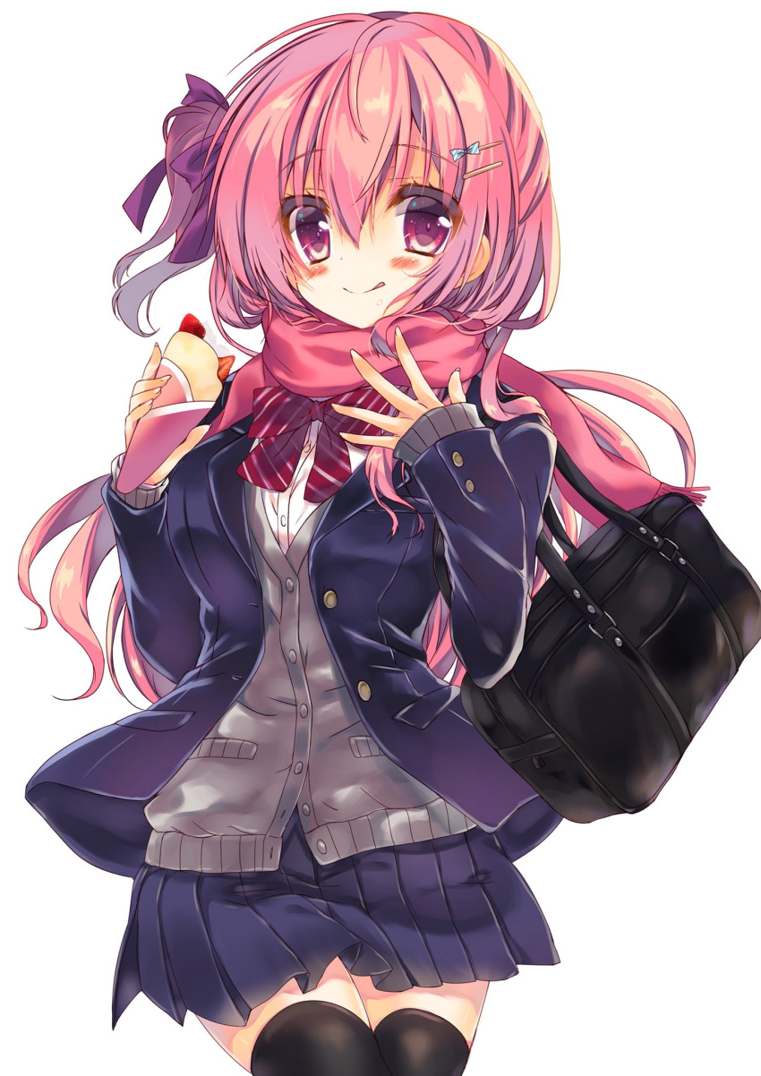 1girl bag bangs black_bag black_legwear blush bow bowtie breasts brown_cardigan cardigan closed_mouth commentary_request crepe fingernails food hair_between_eyes hair_bow hair_ornament hairclip hands_up highres holding holding_food honoka_(1399871) jacket long_hair long_sleeves looking_at_viewer one_eye_closed one_side_up original pink_hair pleated_skirt purple_bow purple_jacket purple_skirt red_bow red_neckwear school_uniform shirt shoulder_bag skirt sleeves_past_wrists smile solo standing striped striped_bow thigh-highs tongue tongue_out very_long_hair violet_eyes wavy_hair white_shirt zettai_ryouiki