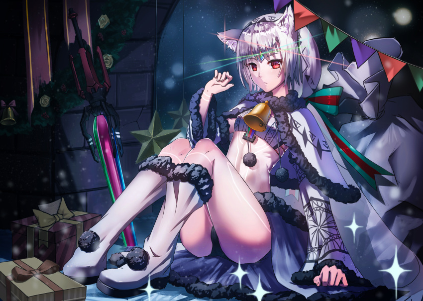 1girl absurdres altera_(fate) animal_ears bangs bell bell_collar boots breasts collar commentary_request fate/grand_order fate_(series) full_body_tattoo fur-trimmed_cloak gift gift_bag headdress highres indoors knee_boots long_sleeves looking_at_viewer midriff night photon_ray red_eyes revealing_clothes shiny shiny_hair short_hair sitting small_breasts solo star sword tattoo ten_no_hoshi veil weapon white_footwear white_hair