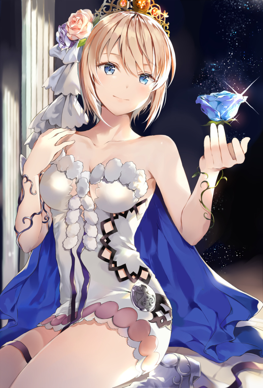 1girl bangs bare_shoulders blonde_hair blue_eyes blue_flower blue_rose blush boots breasts cleavage collarbone commentary dress europa_(granblue_fantasy) eyebrows_visible_through_hair flower granblue_fantasy hair_between_eyes hair_flower hair_ornament head_tilt highres hinahino large_breasts looking_at_hand rose short_dress short_hair sidelocks sitting smile thighs tiara topaz_(stone) wariza white_dress white_footwear