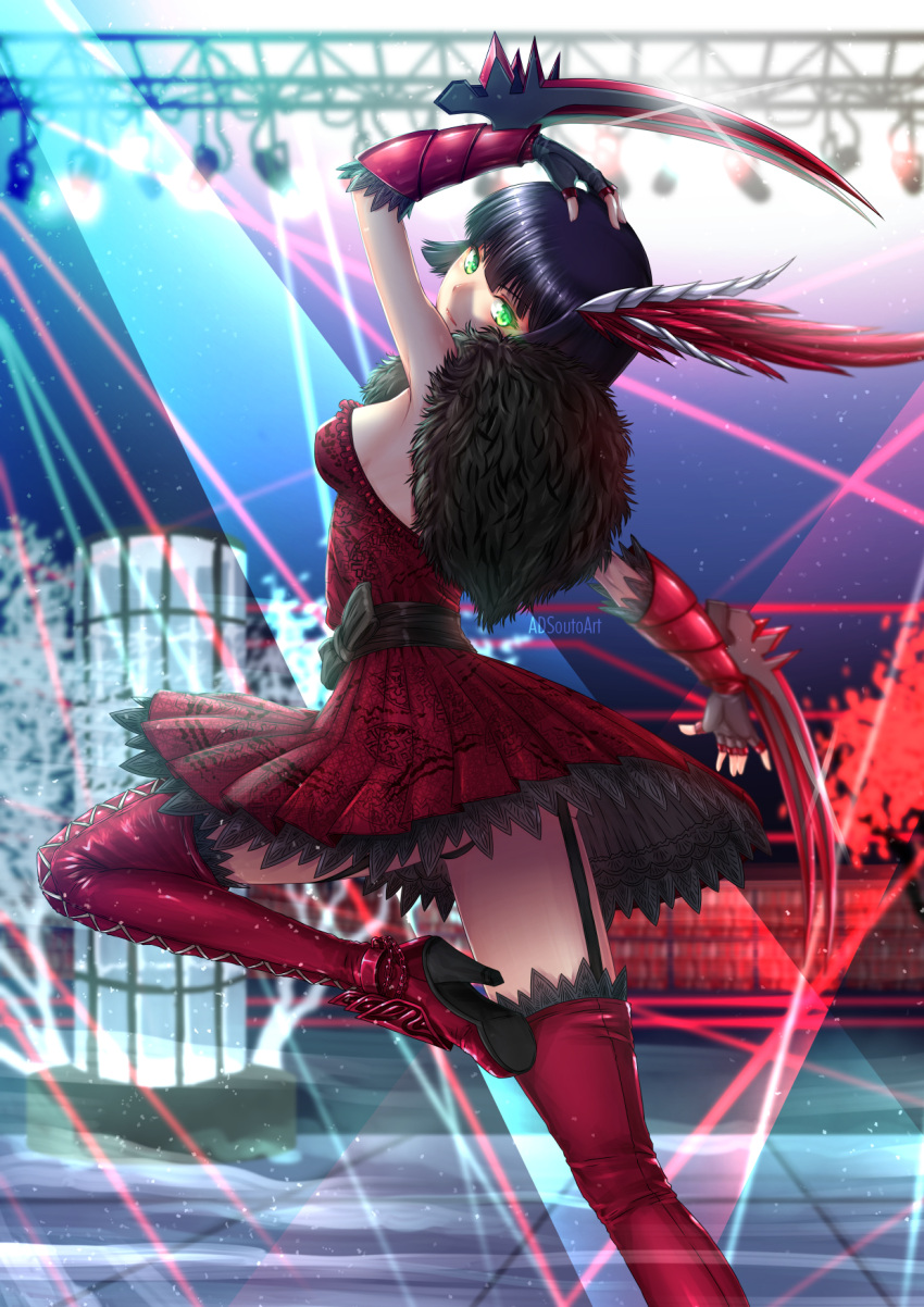 1girl adsouto arm_up artist_name blurry blurry_background boots breasts claw_(weapon) commentary dress english_commentary feather_boa fingerless_gloves from_behind garter_straps gloves high_heel_boots high_heels highres looking_at_viewer looking_back medium_breasts miltiades_malachite nightclub red_dress rwby solo standing standing_on_one_leg strapless strapless_dress thigh-highs thigh_boots weapon
