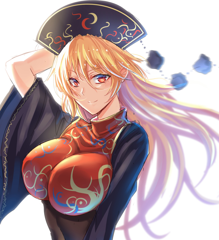 1girl arm_up bangs black_dress blonde_hair breasts commentary_request dress ear_piercing eyebrows_visible_through_hair hair_between_eyes hand_behind_head headdress highres junko_(touhou) koissa large_breasts long_hair long_sleeves looking_at_viewer piercing pom_pom_(clothes) red_eyes simple_background sketch smile solo tabard tassel touhou upper_body white_background wide_sleeves