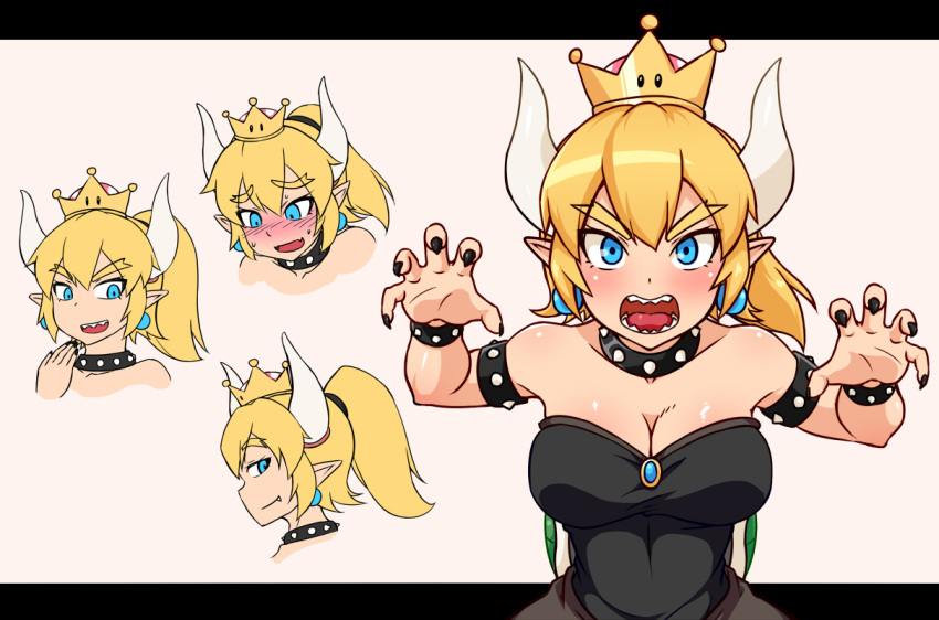 1girl bare_shoulders blue_eyes blush borrowed_character bowser bowsette breasts brooch choker claw_pose cleavage collar crown dream_demon dress earrings embarrassed eyebrows_visible_through_hair face fang fingernails genderswap genderswap_(mtf) hair_between_eyes horns jewelry large_breasts long_fingernails looking_at_viewer mario super_mario_bros. nail_polish new_super_mario_bros._u_deluxe nintendo open_mouth pointy_ears ponytail princess_peach profile sharp_teeth short_hair simple_background strapless strapless_dress studded_bracelet studded_collar teeth