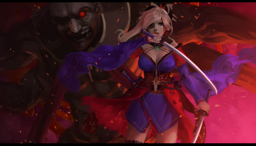 asymmetrical_hair autumn_leaves bare_shoulders black_legwear blue_eyes blue_kimono breasts cleavage detached_sleeves dual_wielding earrings eyepatch facing_viewer fate/grand_order fate_(series) hair_ornament highres holding holding_sword holding_weapon japanese_clothes jewelry katana kimono large_breasts leaf_print licking_lips looking_at_viewer maple_leaf_print miyamoto_musashi_(fate/grand_order) multiple_swords navel_cutout obi peperon_(peperou) pink_hair ponytail sash sheath sheathed short_kimono sleeveless sleeveless_kimono sword thigh-highs tongue tongue_out weapon wide_sleeves