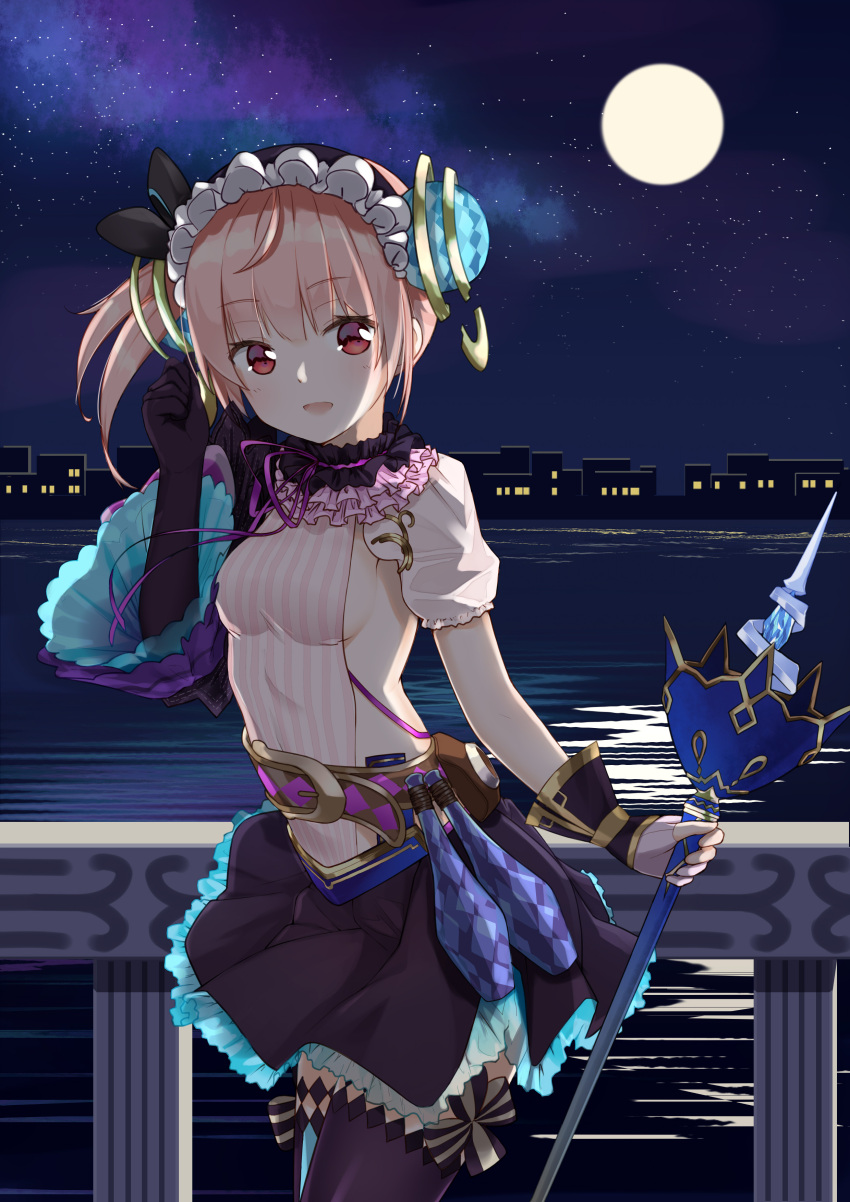 1girl :d absurdres atelier_(series) atelier_lydie_&amp;_suelle black_gloves blush breasts building eyebrows_visible_through_hair full_moon gloves hairband head_tilt highres holding holding_staff juujuu looking_at_viewer lydie_marlen medium_breasts moon night open_mouth outdoors pink_eyes pink_hair railing side_ponytail skirt smile solo staff standing thigh-highs water