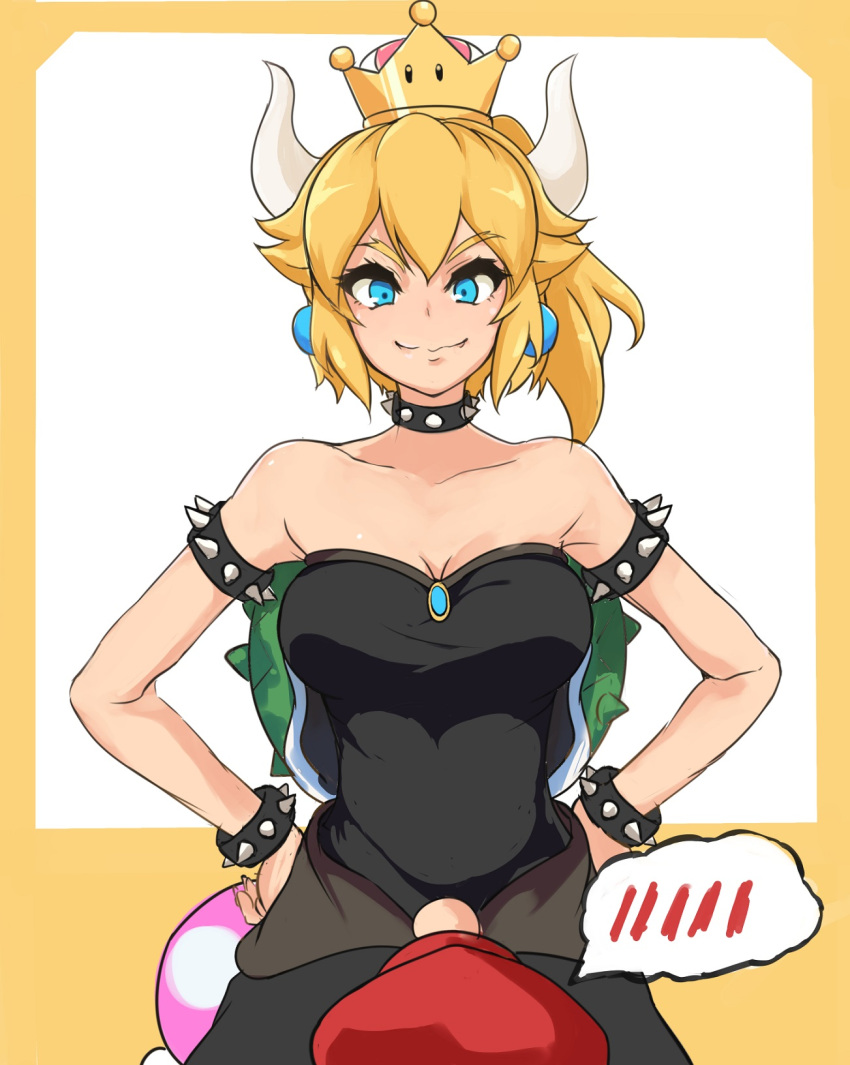 1boy 1girl black_dress blonde_hair blue_eyes blush bowser bowsette breasts cabbie_hat cleavage crown dress earrings fang genderswap genderswap_(mtf) hands_on_hips hat highres horns jewelry looking_up mario super_mario_bros. new_super_mario_bros._u_deluxe nintendo nose smile strapless strapless_dress thought_bubble tsunemuku_sakami