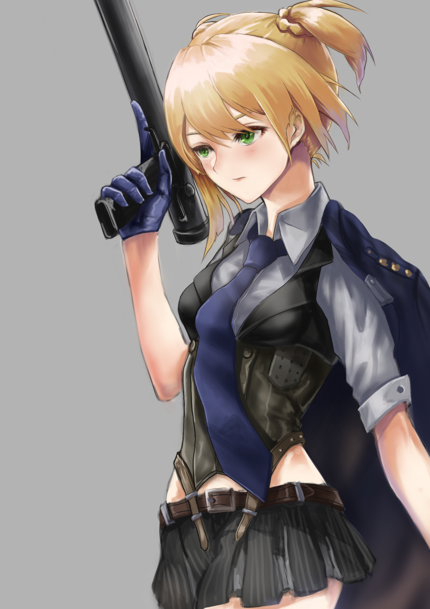 1girl absurdres bangs belt black_gloves blonde_hair blue_gloves blue_jacket blue_neckwear blush braid breasts buckle closed_mouth collared_shirt corset eyebrows_visible_through_hair girls_frontline gloves green_eyes grey_background grey_shirt gun hair_between_eyes half_gloves highres holding holding_gun holding_weapon holster jacket jacket_on_shoulders level9kaito medium_breasts necktie shirt short_hair sidelocks simple_background skirt solo striped striped_skirt trigger_discipline twintails vest weapon welrod_mk2 welrod_mk2_(girls_frontline)