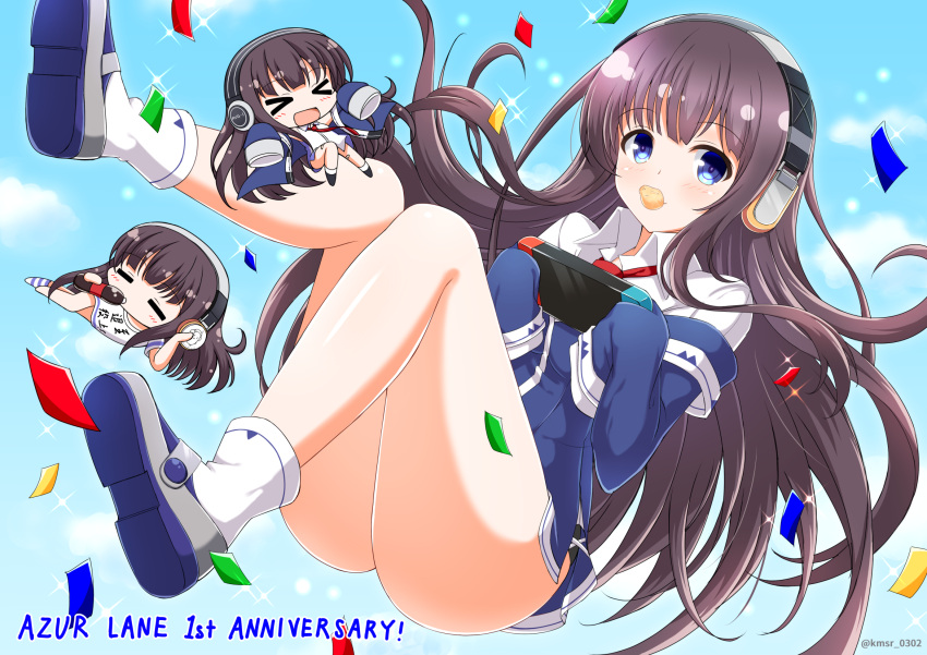 &gt;_&lt; 1girl :d anniversary ass azur_lane bangs blue_eyes blue_jacket blue_sky blush bottle brown_hair chibi chips closed_eyes clouds coke_bottle commentary_request confetti copyright_name day drinking eyebrows_visible_through_hair food food_in_mouth handheld_game_console headphones highres holding holding_bottle jacket kamishiro_(rsg10679) long_hair long_island_(azur_lane) long_sleeves mouth_hold nintendo_switch open_mouth outdoors potato_chips shirt sky sleeves_past_fingers sleeves_past_wrists smile sparkle twitter_username very_long_hair white_shirt xd