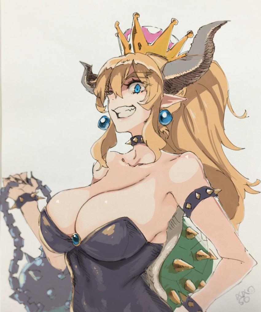1girl ;d ball_and_chain blonde_hair blue_eyes borrowed_design bowser bowsette bracelet breasts brooch collar collarbone earrings eyebrows_visible_through_hair hair_between_eyes hand_on_hip high_ponytail highres horns jewelry large_breasts super_mario_bros. meme50 nail_polish new_super_mario_bros._u_deluxe nintendo one_eye_closed open_mouth signature simple_background smile solo spiked_bracelet spiked_collar spikes strapless super_crown super_mario_bros. turtle_shell upper_body