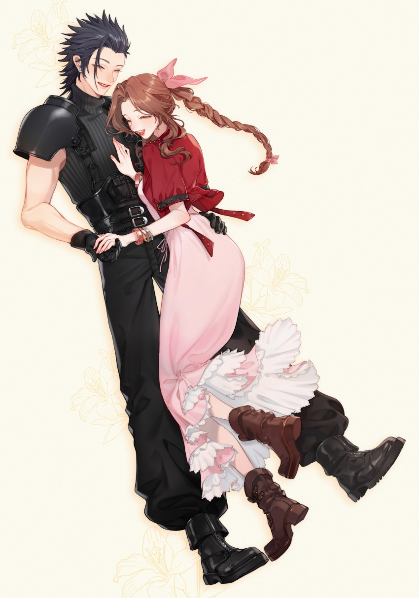 1boy 1girl absurdres aerith_gainsborough armor black_gloves black_hair boots bracelet braid braided_ponytail brown_hair closed_eyes couple dress final_fantasy final_fantasy_vii final_fantasy_vii_remake full_body gloves hair_ribbon hand_on_another's_chest hand_on_another's_hand hand_on_another's_hip happy highres holding_hands jacket jewelry long_dress long_hair open_mouth pink_dress pink_ribbon red_jacket ribbon shoulder_armor simite simple_background smile spiky_hair sweater turtleneck turtleneck_sweater zack_fair