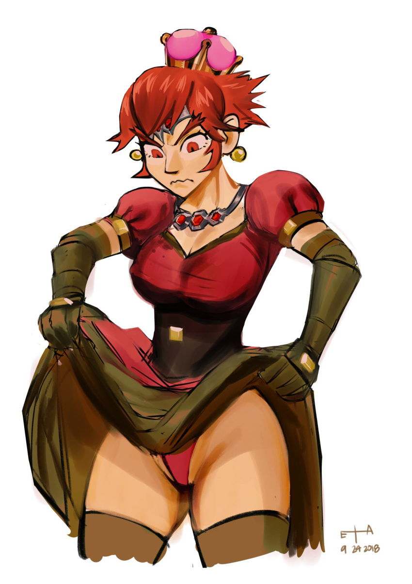 1girl artist_request black_gloves breasts circlet cleavage dated dress earrings elbow_gloves ganondorf genderswap genderswap_(mtf) gloves highres jewelry lifted_by_self medium_breasts necklace new_super_mario_bros._u_deluxe nintendo puffy_short_sleeves puffy_sleeves red_dress red_eyes redhead short_sleeves sidelocks sketch standing super_crown the_legend_of_zelda thick_eyebrows thigh-highs wavy_mouth white_background