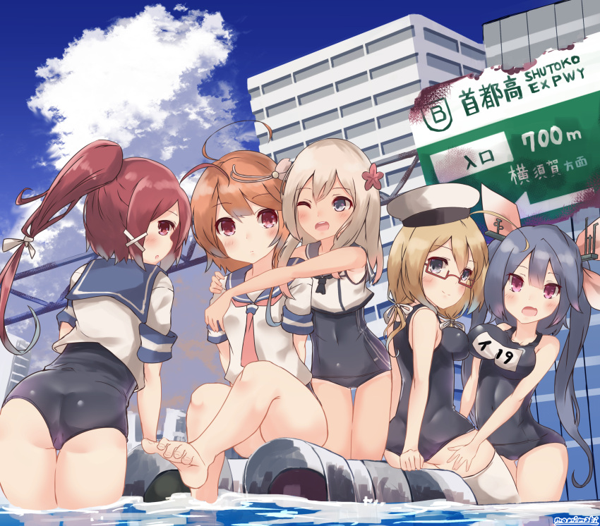 5girls ahoge ass ass_visible_through_thighs barefoot blonde_hair blue_eyes blue_hair blue_sky blush breasts building closed_mouth clouds cloudy_sky crop_top day fang flower glasses hair_flower hair_ornament hair_ribbon hairclip hat highres i-168_(kantai_collection) i-19_(kantai_collection) i-58_(kantai_collection) i-8_(kantai_collection) kantai_collection large_breasts legs light_brown_hair long_hair low_twintails momiji_(103) multiple_girls name_tag neckerchief one-piece_swimsuit one-piece_tan open_mouth outdoors peaked_cap ponytail red-framed_eyewear red_eyes redhead ribbon ro-500_(kantai_collection) sailor_collar sailor_hat school_swimsuit school_uniform semi-rimless_eyewear serafuku short_hair sky smile swimsuit swimsuit_under_clothes tan tanline thigh-highs tri_tails twintails under-rim_eyewear water white_legwear