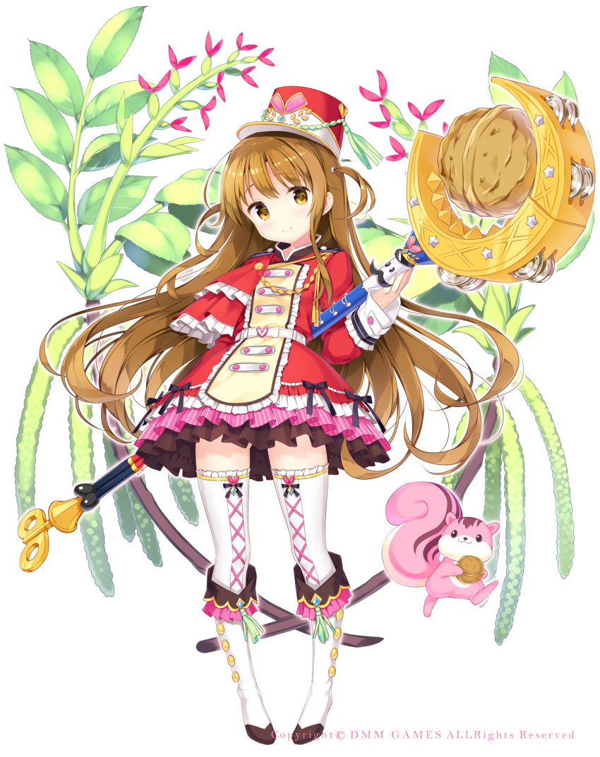 1girl absurdres animal bangs blush boots brown_eyes brown_hair character_request closed_mouth commentary_request cross-laced_clothes dress eyebrows_visible_through_hair facial_hair flower flower_knight_girl full_body hair_between_eyes hat head_tilt heart highres holding holding_staff kimishima_ao knee_boots long_sleeves mustache object_namesake red_dress red_flower red_hat shako_cap simple_background smile solo squirrel staff standing thigh-highs two_side_up walnut_(food) watermark white_background white_footwear white_legwear