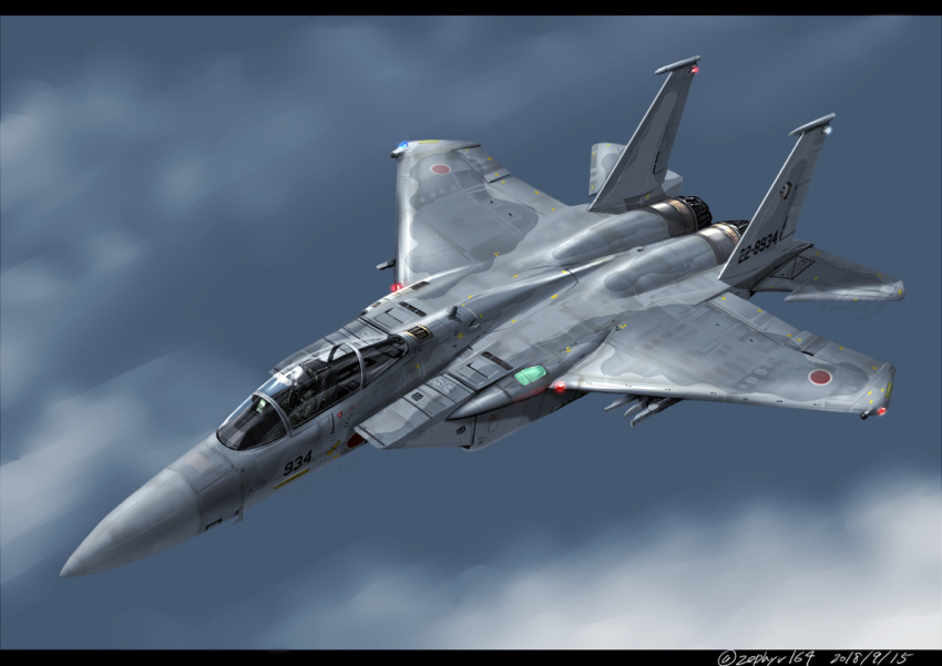 aircraft airplane blue_sky clouds cloudy_sky day f-15_eagle japan_air_self-defense_force japan_self-defense_force mecha military sky zephyr164